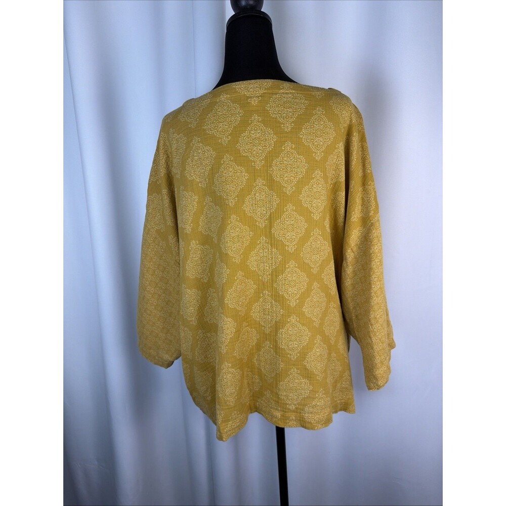 J Jill Blouse L Yellow Gauzy Block Print Top Pure Jill Cotton Boho Batik Tunics - Picture 2 of 7